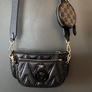 Valentino Black Quilted Leather Crossbody multi pochette Bag with Gold Details